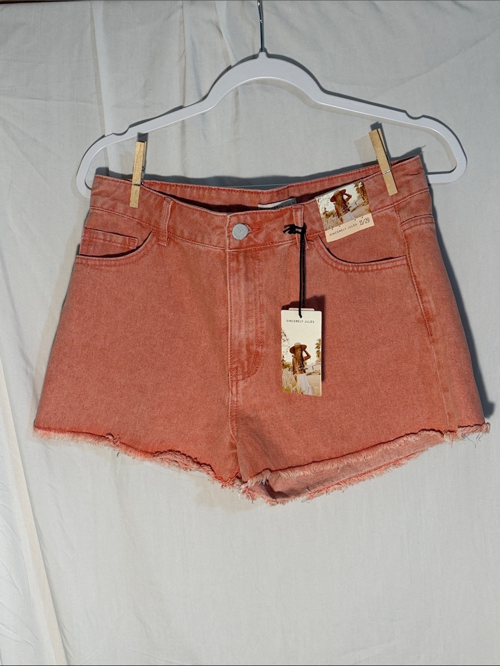 Sincerely Jules Coral-Peach High-Rise Frayed Denim Shorts